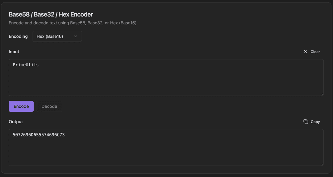 Base58 / 32 / Hex screenshot