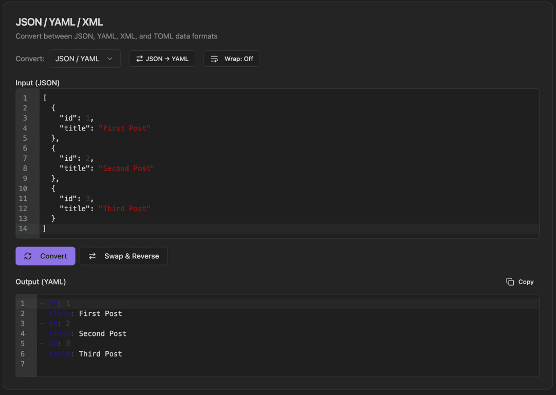 JSON / YAML / XML Converter screenshot